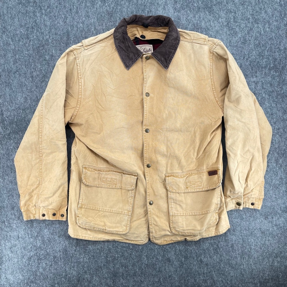 Vintage Woolrich Jacket Mens Medium Tan Canvas Plaid Lined Coat Made USA